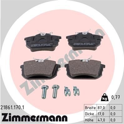 21861 ZIMMERMANN with acoustic wear warning, with bolts/screws, Photo corresponds to scope of supply Height: 47mm, Width: 87mm, Thickness: 17mm Brake pads 21861.170.1 buy