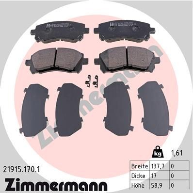 21915 ZIMMERMANN with acoustic wear warning, Photo corresponds to scope of supply Height: 59mm, Width: 138mm, Thickness: 17mm Brake pads 21915.170.1 buy