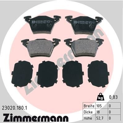 23020 ZIMMERMANN prepared for wear indicator, Photo corresponds to scope of supply Height: 53mm, Width: 105mm, Thickness: 18mm Brake pads 23020.180.1 buy