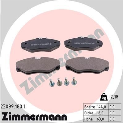 23099 ZIMMERMANN with bolts/screws, Photo corresponds to scope of supply Height: 63mm, Width: 144mm, Thickness: 18mm Brake pads 23099.180.1 buy