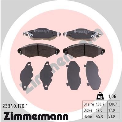 23340 ZIMMERMANN with acoustic wear warning, Photo corresponds to scope of supply Height 1: 45mm, Height 2: 51mm, Width: 131mm, Thickness: 17mm Brake pads 23340.170.1 buy