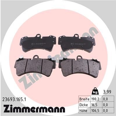 23693 ZIMMERMANN prepared for wear indicator, Photo corresponds to scope of supply Height: 106mm, Width: 190mm, Thickness: 16mm Brake pads 23693.165.1 buy