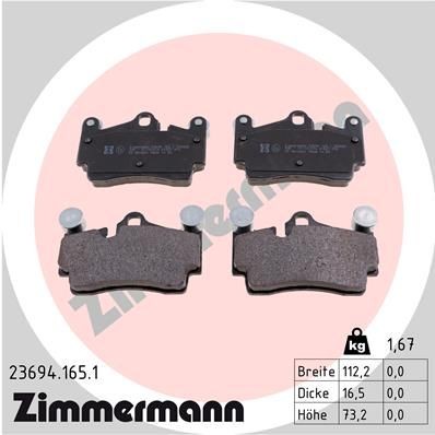 23694 ZIMMERMANN prepared for wear indicator, Photo corresponds to scope of supply Height: 73mm, Width: 112mm, Thickness: 16mm Brake pads 23694.165.1 buy