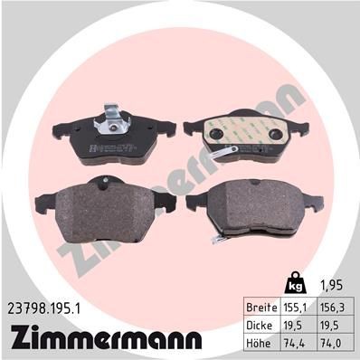23798 ZIMMERMANN with acoustic wear warning, with adhesive film, Photo corresponds to scope of supply Height: 74mm, Width 1: 155mm, Width 2 [mm]: 156mm, Thickness: 20mm Brake pads 23798.195.1 buy