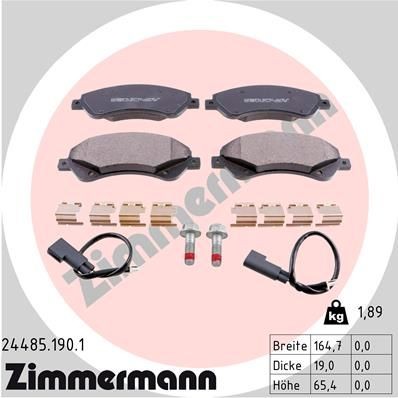 ZIMMERMANN 24485.190.1 Brake pad set incl. wear warning contact, with bolts/screws, Photo corresponds to scope of supply, with sliding plate