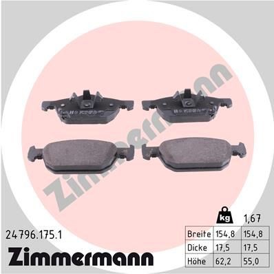 24796 ZIMMERMANN with acoustic wear warning, Photo corresponds to scope of supply Height 1: 62mm, Height 2: 55mm, Width 1: 155mm, Width 2 [mm]: 155mm, Thickness: 18mm Brake pads 24796.175.1 buy