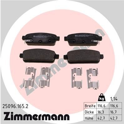 25096 ZIMMERMANN with acoustic wear warning, Photo corresponds to scope of supply, with spring Height: 43mm, Width: 116mm, Thickness: 16mm Brake pads 25096.165.2 buy
