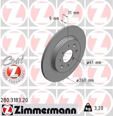 ZIMMERMANN COAT Z 280.3183.20 Disco freno 260x9mm, 8/4, 4x100, pieno, rivestito