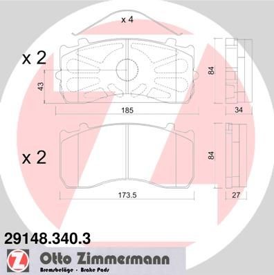 29115 ZIMMERMANN Photo corresponds to scope of supply, with spring Height: 84mm, Width 1: 174mm, Width 2 [mm]: 185mm, Thickness 1: 27mm, Thickness 2: 34mm Brake pads 29148.340.3 buy