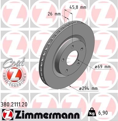 380.2111.20 ZIMMERMANN Brake rotors DODGE 294x26mm, 5/5, 5x114, internally vented, Coated