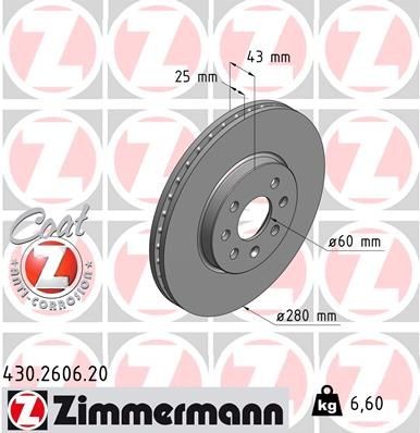 ZIMMERMANN COAT Z 280x25mm, 7/4, 4x100, internally vented, Coated, High-carbon Ø: 280mm, Rim: 4-Hole, Brake Disc Thickness: 25mm Brake rotor 430.2606.20 buy