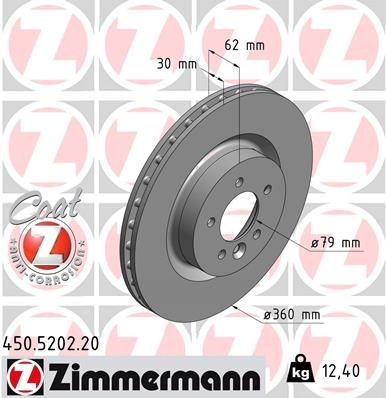 450.5202.20 ZIMMERMANN Brake rotors LAND ROVER 360x30mm, 6/5, 5x120, internally vented, Coated, High-carbon