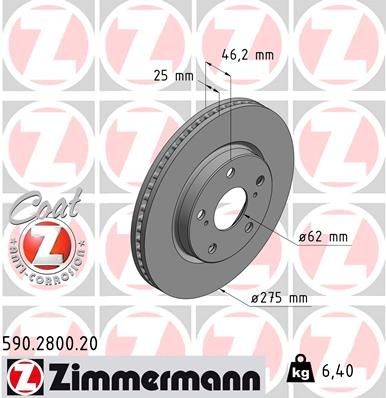 ZIMMERMANN COAT Z 590.2800.20 Brake disc 275x25mm, 7/5, 5x114, internally vented, Coated