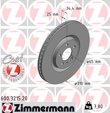 ZIMMERMANN COAT Z 600.3215.20 Brake disc 310x25mm, 5/5, 5x100, internally vented, Coated, High-carbon