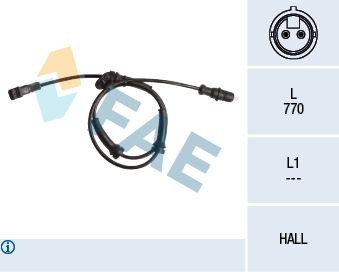 FAE 78026 ABS sensor Front Axle, Hall Sensor, 2-pin connector, 770mm