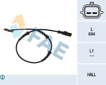 FAE 78055 ABS sensor Front Axle, Hall Sensor, 2-pin connector, 644mm