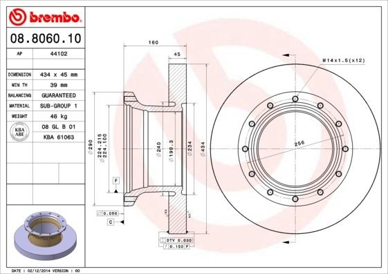 BREMBO 434x45mm, 12, solid Ø: 434mm, Num. of holes: 12, Brake Disc Thickness: 45mm Brake rotor 08.8060.10 buy
