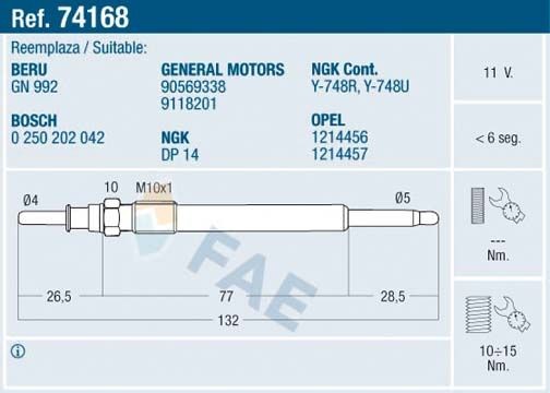 FAE 74168 Glow plug 11V M10x100