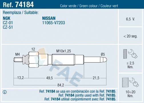 FAE 74184 Glow plug Nissan Laurel JC32 2.8 D 90 hp Diesel 1989 price