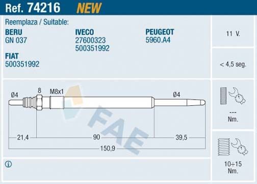 FAE 74216 Glow plug 5960-K4