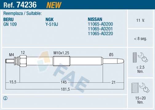 FAE Glow plug 74236 Nissan X-TRAIL 2004