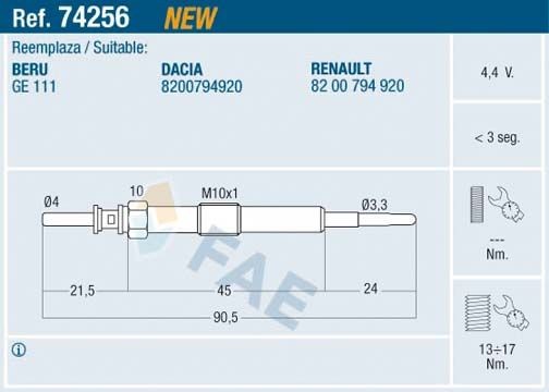 Heater plug FAE 4,4V M 10x1 - 74256