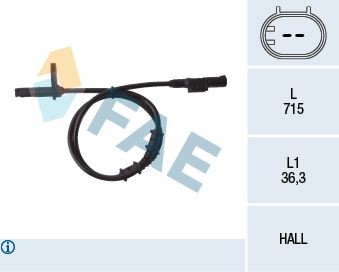 FAE 78107 ABS sensor Front Axle, Hall Sensor, 2-pin connector, 715mm