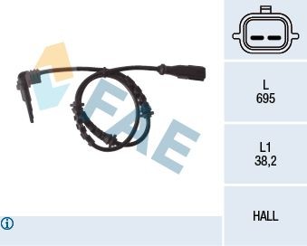 FAE 78119 ABS sensor Front Axle, Hall Sensor, 2-pin connector, 695mm