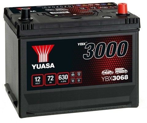 YBX3068 YUASA Car battery SUBARU 12V 72Ah 630A with handles, with load status display, Lead-acid battery