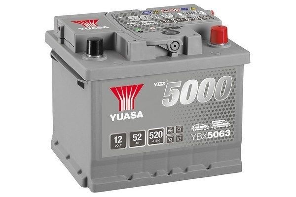 YUASA YBX5000 YBX5063 Batterie 12V 52Ah 520A LB1 mit Handgriffen, mit Ladezustandsanzeige, Bleiakkumulator