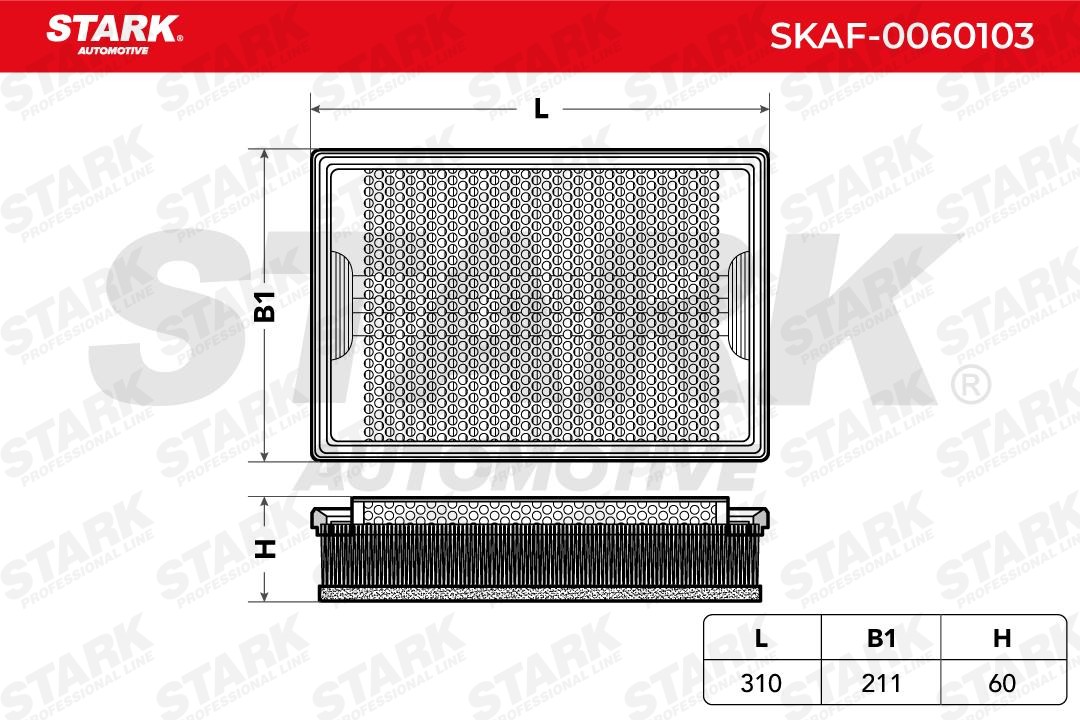 STARK SKAF-0060103 Air filter 60mm, 211mm, 312mm, rectangular, Filter Insert, Air Recirculation Filter, with pre-filter
