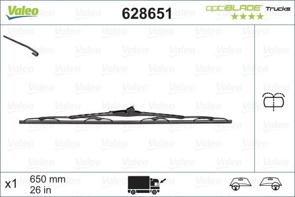 VALEO OPTIBLADE TRUCKS 650 mm beidseitig, Standard, für Linkslenker, 26 Zoll , Hakenbefestigung, mit integrierter Waschwasserdüse, mit Leitung Links-/Rechtslenker: für Linkslenker Scheibenwischer 628651 kaufen