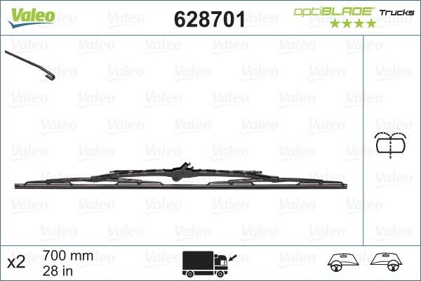 VALEO OPTIBLADE TRUCKS 700 mm both sides, Standard, for left-hand drive vehicles, 28 Inch , Hook fixing, with integrated washer fluid jet, with pipe Left-/right-hand drive vehicles: for left-hand drive vehicles Wiper blades 628701 buy