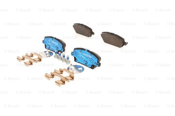0986494611 Set of brake pads 24087 BOSCH Low-Metallic, with acoustic wear warning, with mounting manual, with anti-squeak plate, with bolts/screws