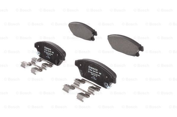 0986494657 Set of brake pads 25034 BOSCH Low-Metallic, with acoustic wear warning, with anti-squeak plate, with mounting manual