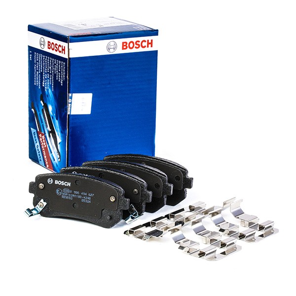 0986494627 Set of brake pads 24321 BOSCH Low-Metallic, with acoustic wear warning, with anti-squeak plate, with mounting manual