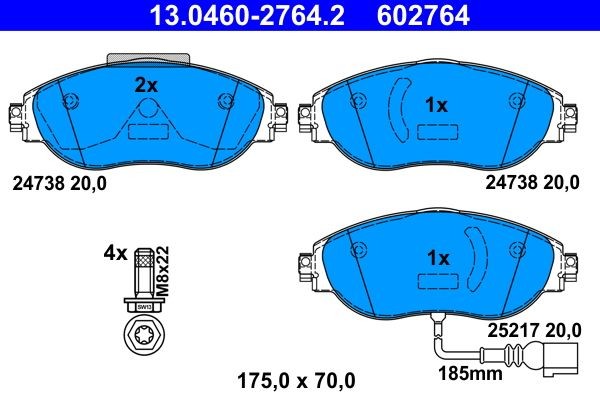 13.0460-2764.2 Set of brake pads 13.0460-2764.2 ATE incl. wear warning contact, with brake caliper screws