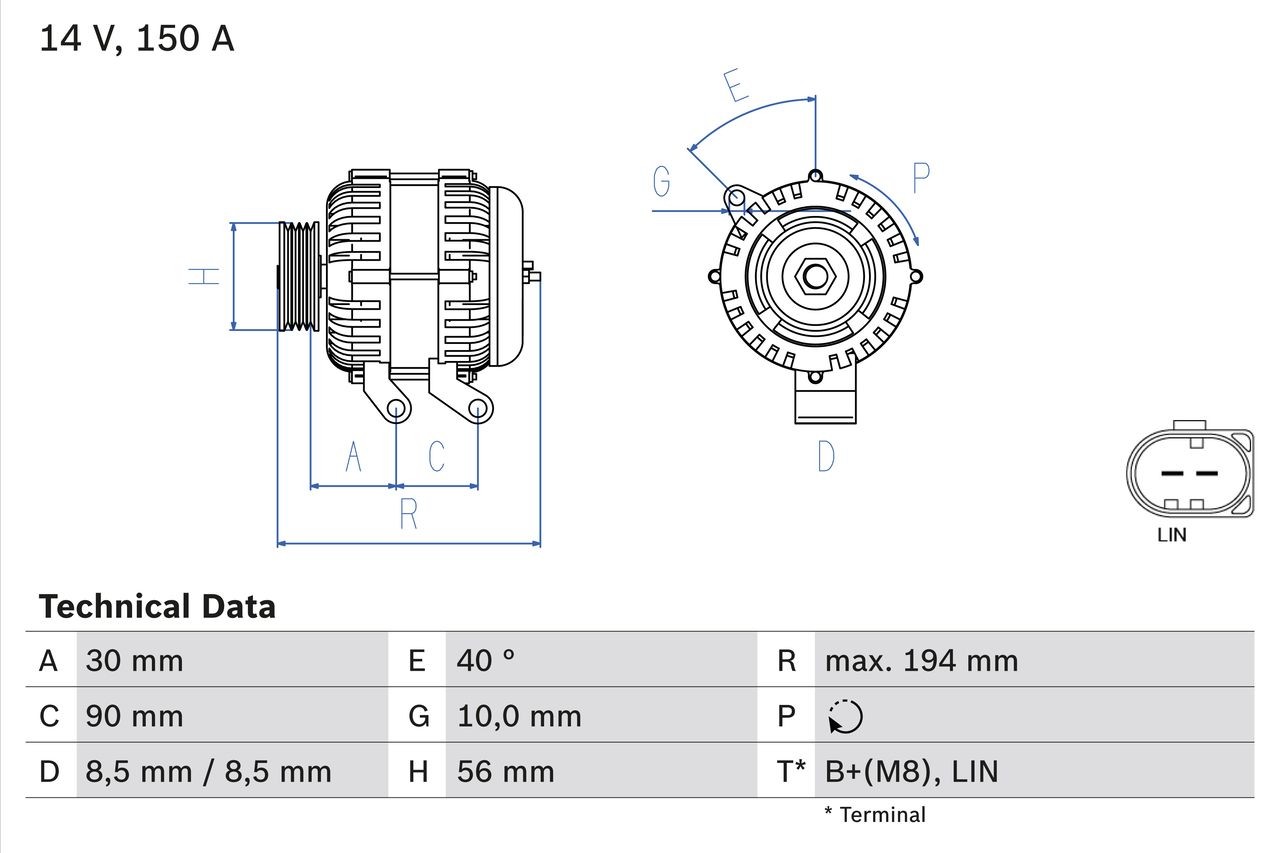 BOSCH 0 986 082 560 Alternator 14V, 150A, B+(M8),LIN, PL341, excl. vacuum pump, Ø 56 mm