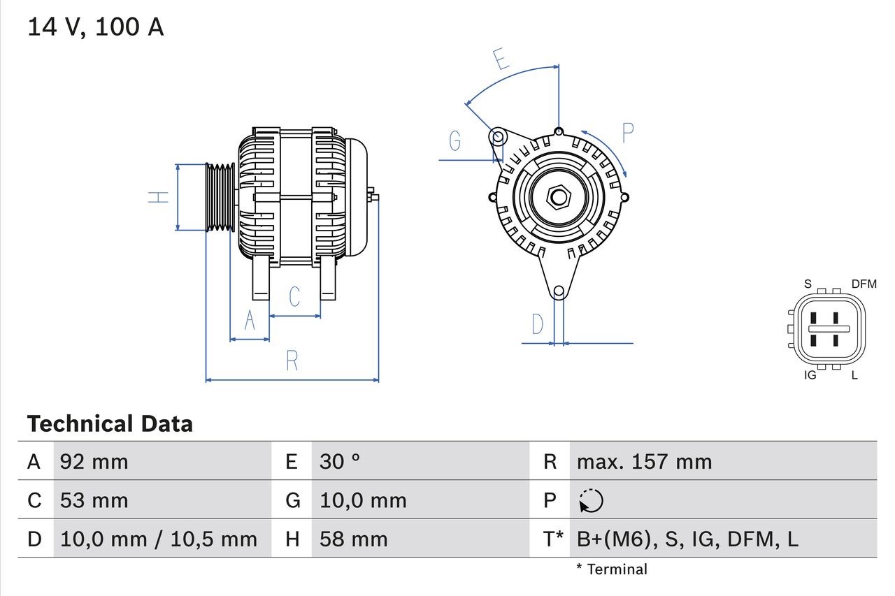 BOSCH 0 986 082 030 Alternator 14V, 100A, excl. vacuum pump, Ø 58 mm