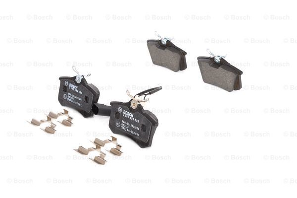 0986494599 Set of brake pads 23554 BOSCH Low-Metallic, with integrated wear sensor, with mounting manual, with anti-squeak plate, with bolts/screws