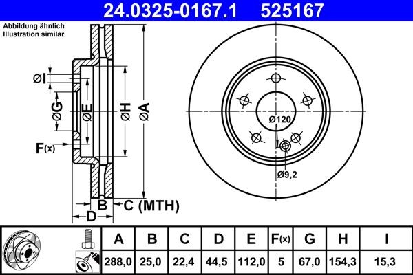 Disco freno 24.0325-0167.1 ATE 288,0x25,0mm, 5x112,0, ventilato, rivestito, legato /ad alto tenore di carbonio, con bulloni/viti