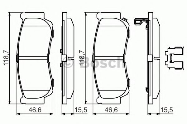 0986494628 Set of brake pads E1-90R-011078/2027 BOSCH Low-Metallic, with acoustic wear warning, with anti-squeak plate, with spring