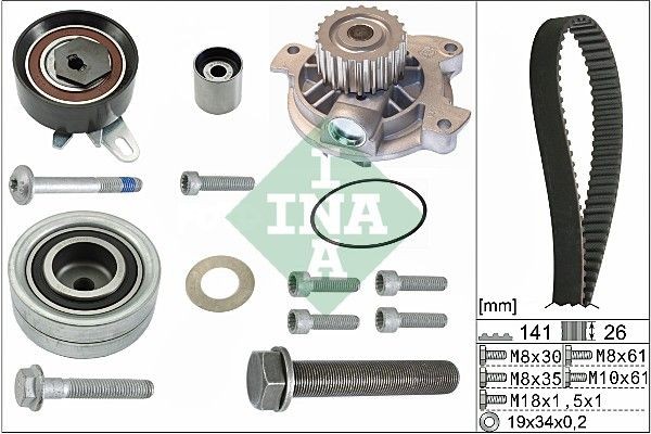 INA 530 0482 30 Water pump and timing belt kit with water pump, Width 1: 26 mm