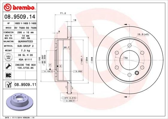 BREMBO 08.9509.11 Brake rotor 298x16mm, 6, solid, Coated, High-carbon