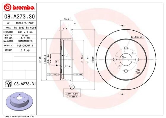 BREMBO COATED DISC LINE 269x9mm, 4, solid, Coated Ø: 269mm, Num. of holes: 4, Brake Disc Thickness: 9mm Brake rotor 08.A273.31 buy