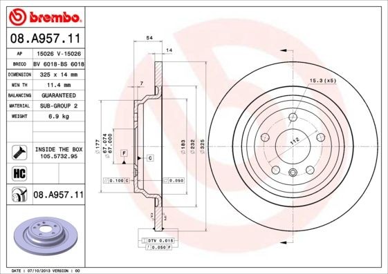 BREMBO COATED DISC LINE 325x14mm, 5, solid, Coated, High-carbon Ø: 325mm, Num. of holes: 5, Brake Disc Thickness: 14mm Brake rotor 08.A957.11 buy