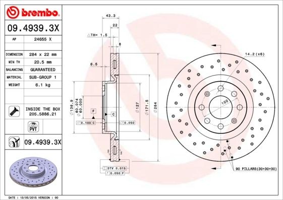 BREMBO 09.4939.3X Brake rotor 284x22mm, 6, perforated/vented, Coated, High-carbon