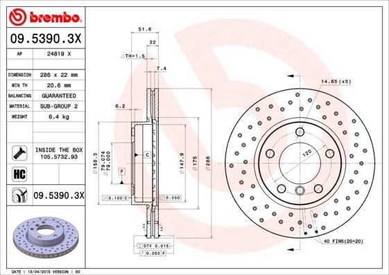 09.5390.3X Brake discs 09.5390.3X BREMBO 286x22mm, 5, perforated/vented, Coated, High-carbon