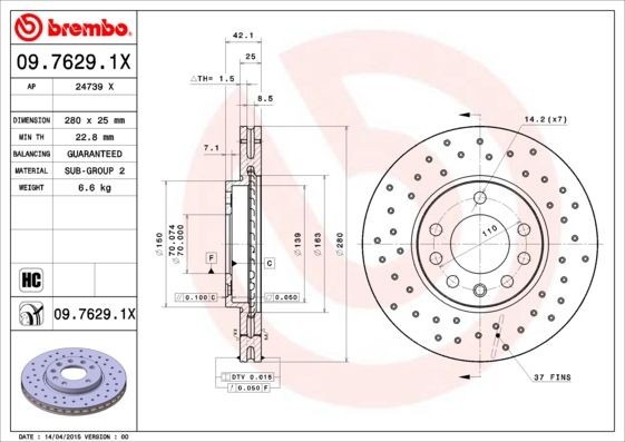 Disco freno 09.7629.1X BREMBO 280x25mm, 5, perforato/ventilazione interna, rivestito, ad alto tenore di carbonio