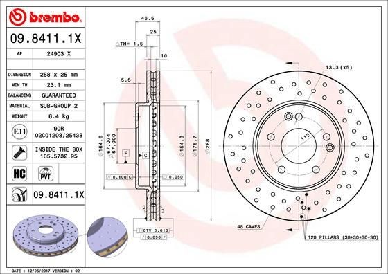 09.8411.1X Brake discs 09.8411.1X BREMBO 288x25mm, 5, perforated/vented, Coated, High-carbon